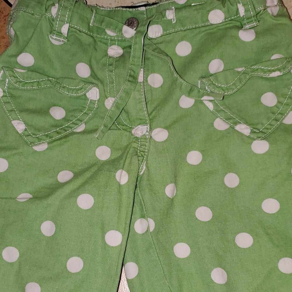 Mini Boden Polka Dot Green Shorts Girls Size 3Y Heart Pockets Ruffle Hem